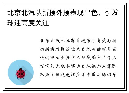 北京北汽队新援外援表现出色，引发球迷高度关注